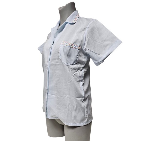 70s Carole floral lace trimmed light blue button down shirt . small . made in US - Picture 3 of 8